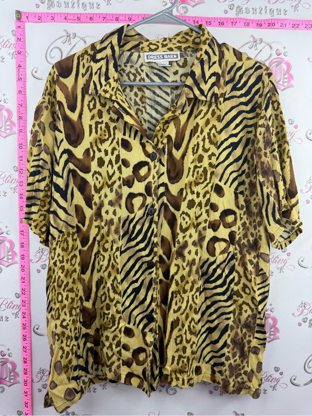 Dress Barn cheetah Yellow and Brown Animal Print Short Sleeve Button-Up Shirt